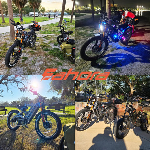 Badass Heavy Duty Beast Mode Electric Bike For Adults, 5600W Dual Motor, 60V 80Ah Battery With 240 Mile Range, 50 Mph Speed, 26x4.0 Fat Tire Full Suspension Ebike on display in a park.