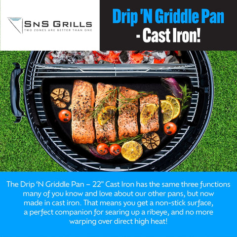 Slow N Sear Cast Iron Drip N Griddle Pan 22 Inch with grilled salmon and vegetables on Weber grill