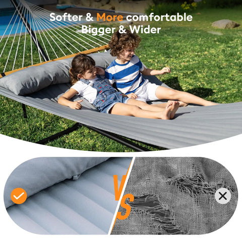 Children relaxing on a Double Hammock With Spreader Bar And Soft Pillow, 500 Lb Max Load, Ultra Portable Outdoor Hammock, Dark Gray.