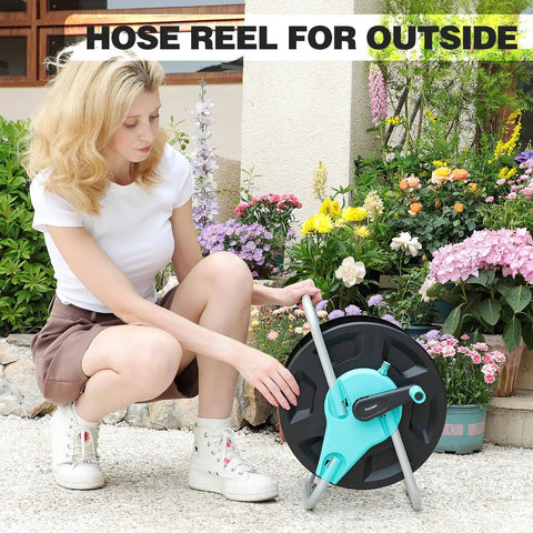 Woman with Garden Hose Reel Cart Holds Fifty To One Hundred Thirty Feet Of Five Eighth Inch Hose Wall Mounted Portable Hose Reel Holder