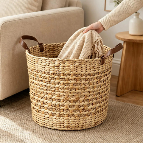 Large Water Hyacinth Storage Basket 15.7 Inch Woven Seagrass Bin with Sturdy Design being used for blanket storage