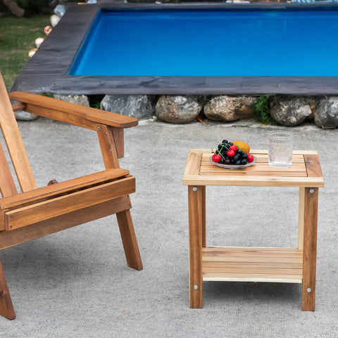 Solid Acacia Wood Side Table With Two Tier Storage For Indoor And Outdoor Use No Fuss Assembly End Table near pool