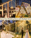 Indoor String Lights With Remote 33ft 100 LED Warm White Twinkle Fairy Lights illuminating wedding venue with drapes.
