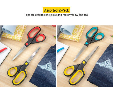 All-Purpose Ergonomic Stainless Steel Scissors Pack of 2 With Cushioned Grip for Easy Cutting, Heavy-Duty Blades, Assorted Colors