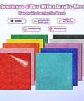 Glitter acrylic sheets set, 10 pieces, 8x8 in, 1/8 in thick, assorted colors.