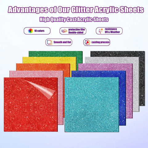Glitter acrylic sheets set, 10 pieces, 8x8 in, 1/8 in thick, assorted colors.