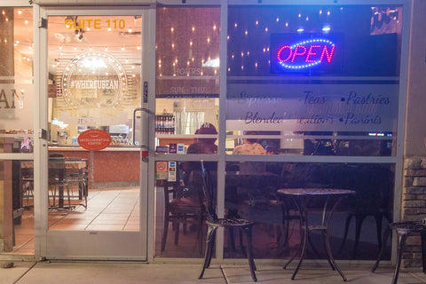 Cafe storefront at night with LED Neon Open Sign For Business With Flashing Mode Horizontal LED Sign For Stores includes business hours.