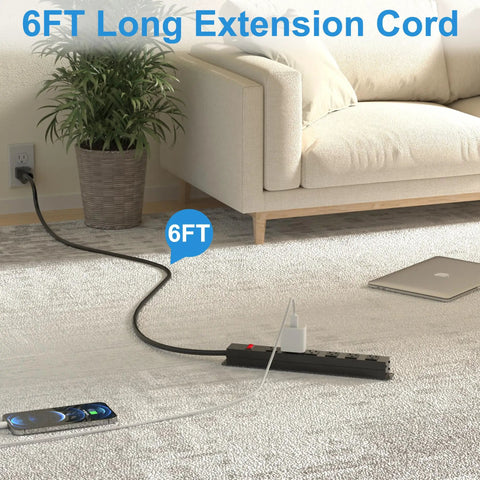Six Outlet Metal Power Strip With Wall Mount Heavy Duty Switch Rugged Aluminum Body 14AWG Cord 6 Foot Length 15A 125V 1875W Black Ideal for Home Office Garage Workshop and More shown in a living room setting with 6ft cord extending across carpet to outlet.