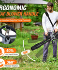 Man using Ergonomic Leaf Blower Handle 2.0 Feather Light Back Saving Grip with Shoulder Strap in garden.