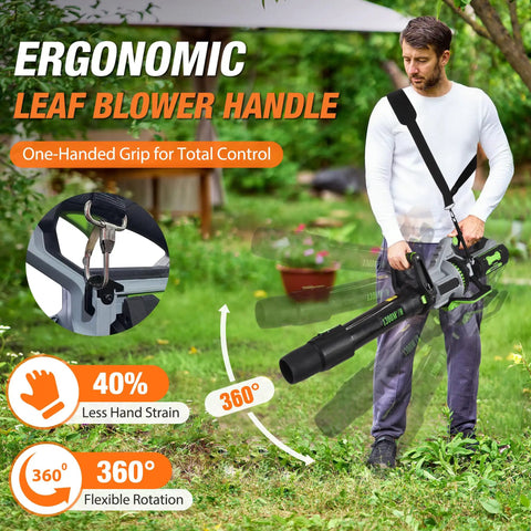 Man using Ergonomic Leaf Blower Handle 2.0 Feather Light Back Saving Grip with Shoulder Strap in garden.