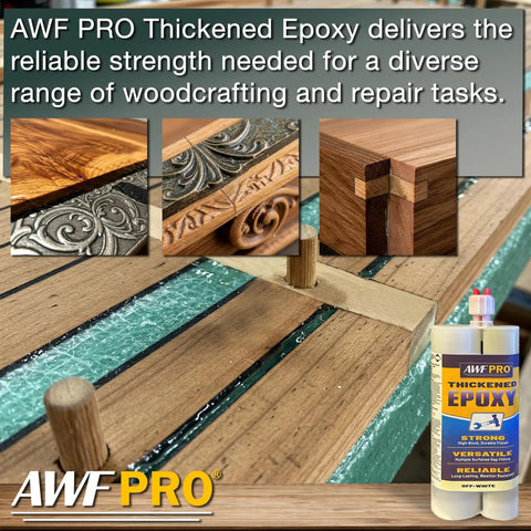 Heavy Duty Thickened Non Sag Wood Repair Epoxy Adhesive For Rot Repair Structural Bonding Filling And Sealing Wood Fiberglass And Concrete Marine Grade Gel Formula 450mL Pack with woodworking examples and product bottle.