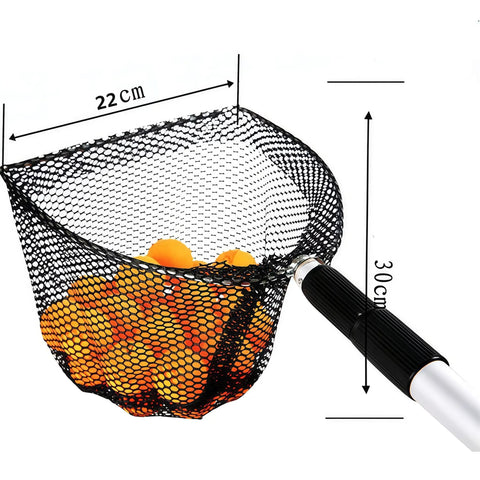 Extendable Ball Picker For Golf And Table Tennis Balls, One Hand Grab, Aluminum Alloy Frame With Nylon Net, close-up with dimensions