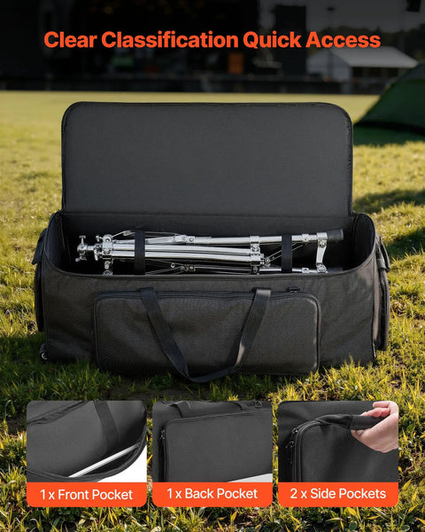 Rock Solid Drum Hardware Rolling Bag With Smooth Gliding Wheels And Extra Thick Padding For Snare Cymbal Stands And Kick Drum Pedals showing interior space with pockets.