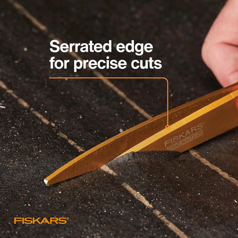 Titanium Coated Workhorse Shop Shears serrated blade for secure grip on materials, close-up with orange handle