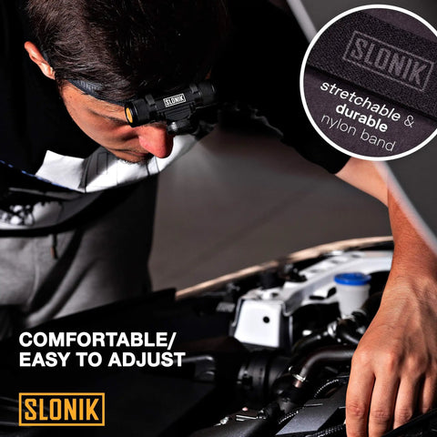 Person using Rechargeable 1000 Lumen LED Headlamp With USB Power, IPX4 Waterproof Head Light while working on a car engine