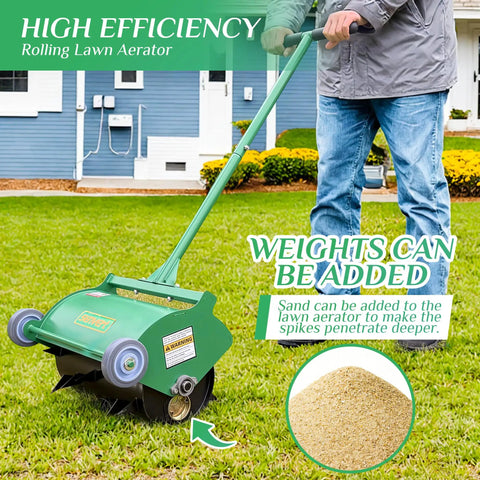 Rolling Lawn Aerator For Easy Lawn Care, Heavy Duty Push Spike Aerator Up To 55 Lbs shown in garden next to home.