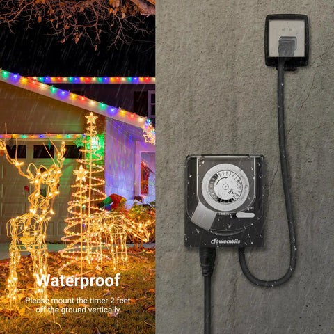 24 Hour Mechanical Light Timer With 2 Ft Cord Waterproof Grounded Outlet Plug In Timer Switch For Christmas Lights 15 Amp Half HP UL Listed Daily 30 Minute Intervals 48 Settings Easy Setup