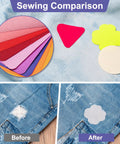 Iron On Patch Kit With 30 Multicolor Patches, 3.7 By 4.9 Inches, showing before and after denim repair