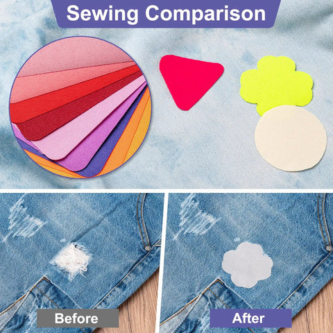 Iron On Patch Kit With 30 Multicolor Patches, 3.7 By 4.9 Inches, showing before and after denim repair