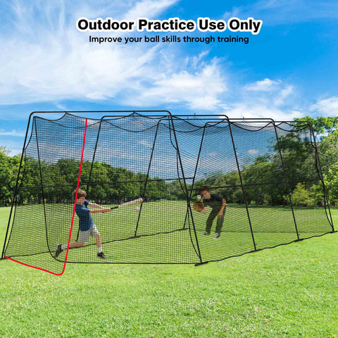 Backyard Baseball Batting Cage With Net And Frame 30Ft Or 40Ft Size in use for practice outdoors in sunny field