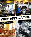 Collage of industrial robots, auto repair, furniture, and machinery illustrating wide application of tools and equipment.