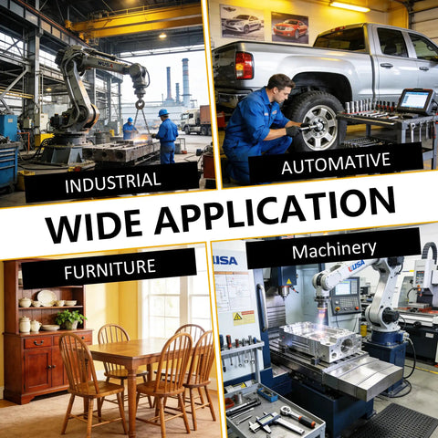Collage of industrial robots, auto repair, furniture, and machinery illustrating wide application of tools and equipment.