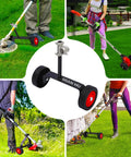 Universal String Trimmer Wheel Attachment Fits 26mm And 28mm Shafts Weed Eater Conversion Kit with support wheels in use.