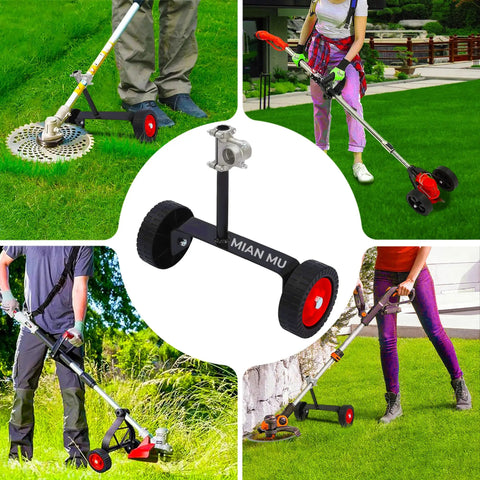 Universal String Trimmer Wheel Attachment Fits 26mm And 28mm Shafts Weed Eater Conversion Kit with support wheels in use.