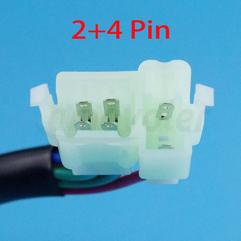 Close-up of a 2+4 pin connector for 6 Pin AC CDI Ignition Coil Aluminum Alloy Racing CDI Box.
