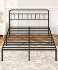 Rock Solid Full Size Bed Frame With Sleek Minimalist Headboard In Matte Black modern platform setup, showing slatted design.