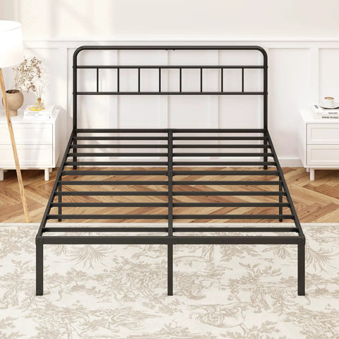 Rock Solid Full Size Bed Frame With Sleek Minimalist Headboard In Matte Black modern platform setup, showing slatted design.