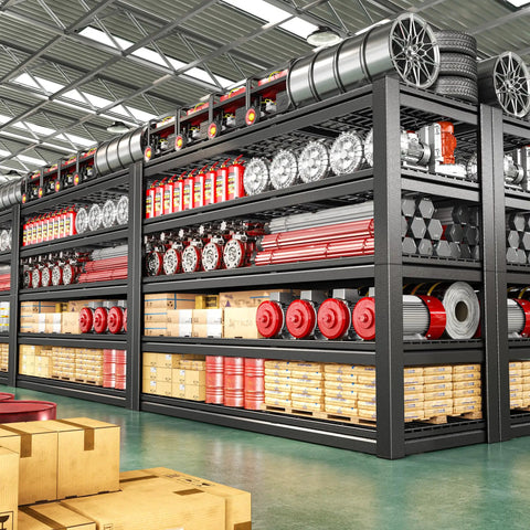 Heavy Duty 60 Inch Wide Garage Shelving Unit With 3000 Lbs Capacity, 5 Tier Metal Storage Racks For Garage Basement Pantry Workshop And More, Built To Last Steel Shelves For Maximum Space And Clean Up Clutter. black 5-tier steel rack in warehouse with tires and boxes