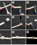 Step-by-step installation of 25 Pack Solderless LED Tape Light Connectors Tape To Tape Quick Screw Down Terminal Block 2 Pin