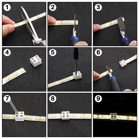 Step-by-step installation of 25 Pack Solderless LED Tape Light Connectors Tape To Tape Quick Screw Down Terminal Block 2 Pin