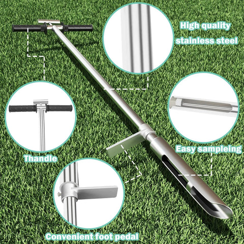 42 Inch Pro Grade Soil Sampler Probe With 304 Stainless Steel Build Ejector And Foot Pedal Reusable Sample Bag T Style shown on grass