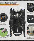 Back view of Rugged Tactical Hydration Pack with 2.5L Bladder, MOLLE system, showing straps and ventilation features