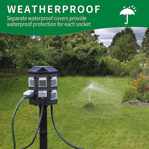 Heavy Hitter Outdoor Power Strip Timer With Dusk To Dawn Light Sensor, Waterproof Six Outlet Extension Cord in the rain