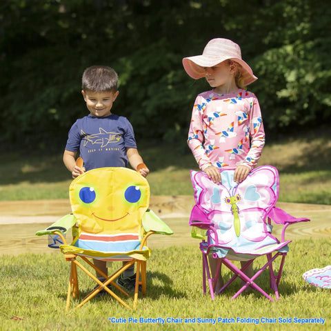Children outdoors with Giddy Buggy Kid-Sized Folding Lawn And Camping Chair With Cup Holder next to butterfly chair