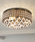 4 Light Traditional Crystal Chandelier in Bronze Drum Ceiling Light Fixture with Round Metal Shade and Raindrop Crystals