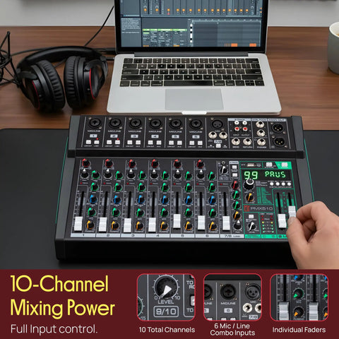 Ten Channel Studio DJ Mixer With Bluetooth And XLR Combo Mic Inputs USB MP3 Playback PC Recording DSP Effects LED Level Meters Smooth Dials And Faders For Live Shows Home Studio And Podcast Setups on desk with laptop and headphones