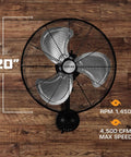 High Velocity Oscillating Metal Wall Mount Fan With 3 Speeds 20 Inch Black Corded Electric Air Cooler Delivers 4500 CFM And 1450 RPM