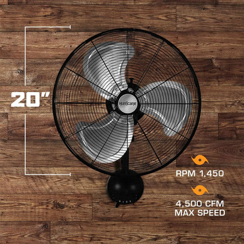 High Velocity Oscillating Metal Wall Mount Fan With 3 Speeds 20 Inch Black Corded Electric Air Cooler Delivers 4500 CFM And 1450 RPM