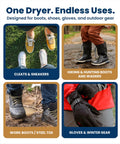 Badass Upgraded Boot Dryer For Work Boots And Training Shoes With Integrated Ozone Deodorizer And Rapid Heat Circulation, shown with various footwear types.