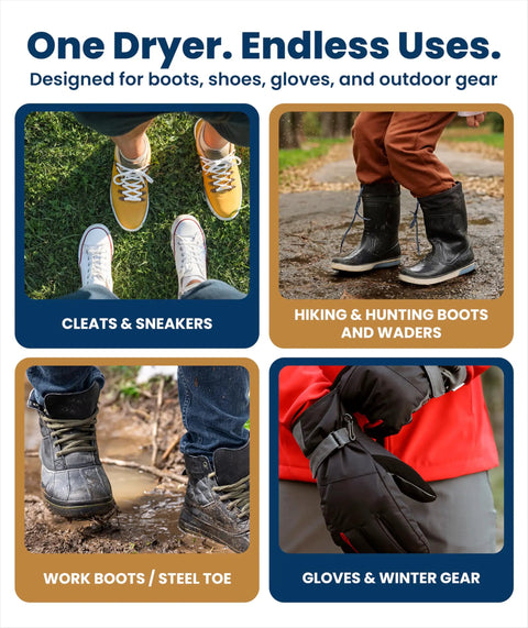 Badass Upgraded Boot Dryer For Work Boots And Training Shoes With Integrated Ozone Deodorizer And Rapid Heat Circulation, shown with various footwear types.