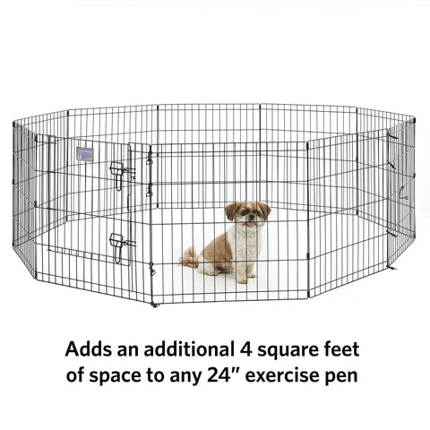 Universal Pet Playpen 2 Panel Extension Kit for Metal 24 Inch Dog Pens with four feet of space, includes thumb snaps and ground stakes.
