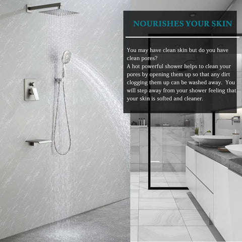 Brushed Finish Shower System With Multi Function Faucet, Rain Head And Handheld Sprayer in modern bathroom with high flow water pressure