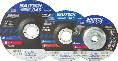 Three SAITECH Heavy Duty High Performance Cut Off Wheels 5 By.045 By 7 Eighths Inch Type 27 displayed side by side.