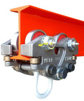 Beefy Heavy Duty Beam Trolley With 2000 Pound Capacity For Hand Push Operation Industrial Grade Cast Iron Body Made In The USA Fits 5 To 8 Inch I Beams Ideal For Auto Plant Conveyor Lines And Heavy Equipment Setup, close-up of trolley on I-beam showing cast iron wheels