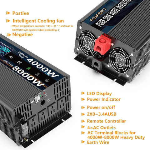 4000W Pure Sine Wave Power Inverter 12V To 110V And 120V AC With Remote, 8000W Peak, showing LED display and cooling fan
