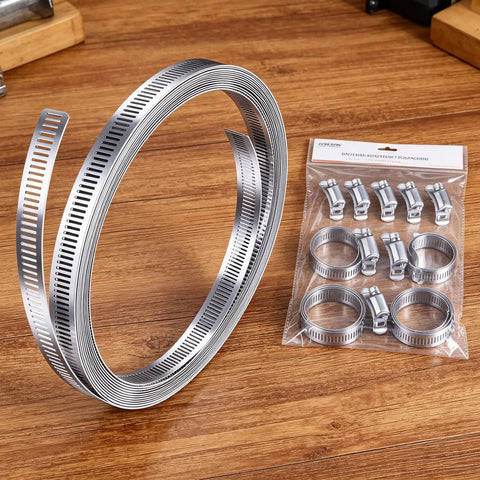304 Stainless Steel Hose Clamp Assortment Kit With 12 Ft Cut To Fit Metal Strap And 8 Fasteners, Adjustable Worm Gear Pipe Clamps Perfect For Ductwork And Muffler DIY Strapping Home Essentials, coil and fasteners